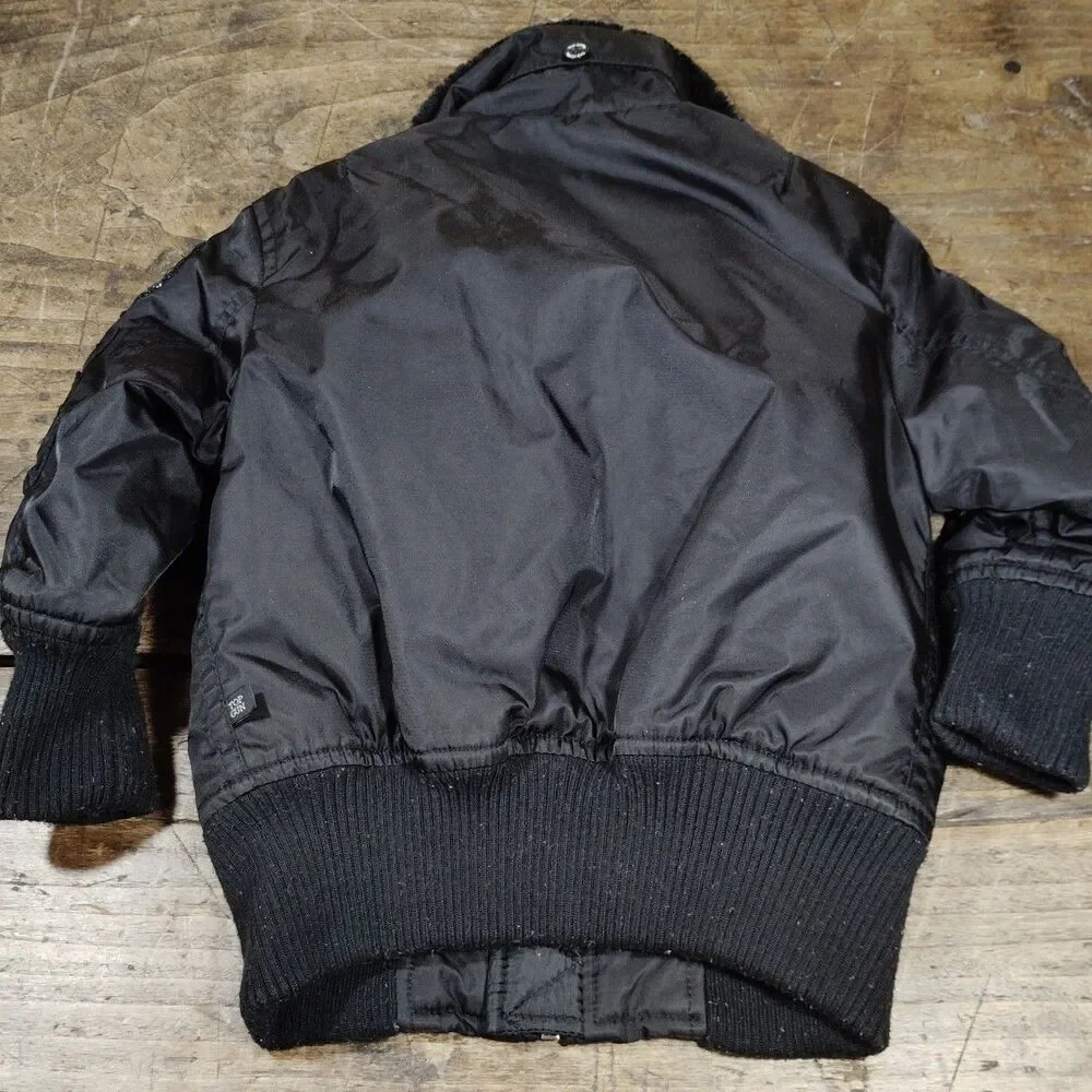 Tommy Top Gun Bomber Jacket Coat 2T Black Patches Military Full Zip Faux Fur